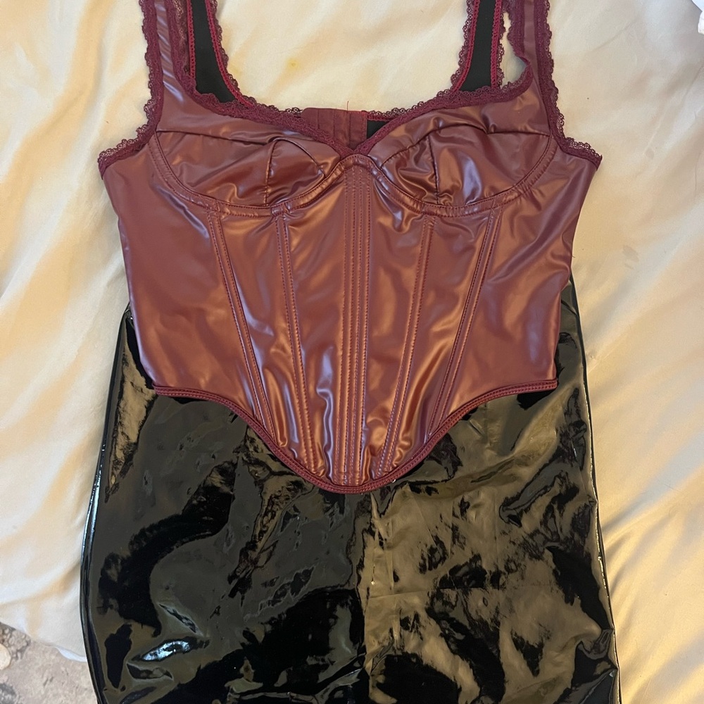SHEIN Faux-Leather Burgundy Corset Top & Skirt